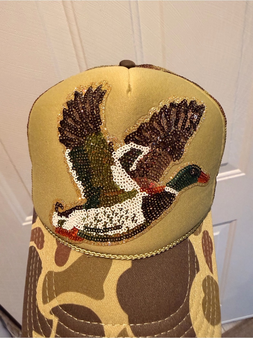 Sequin Mallard Duck Trucker Hat - Olive/Camo